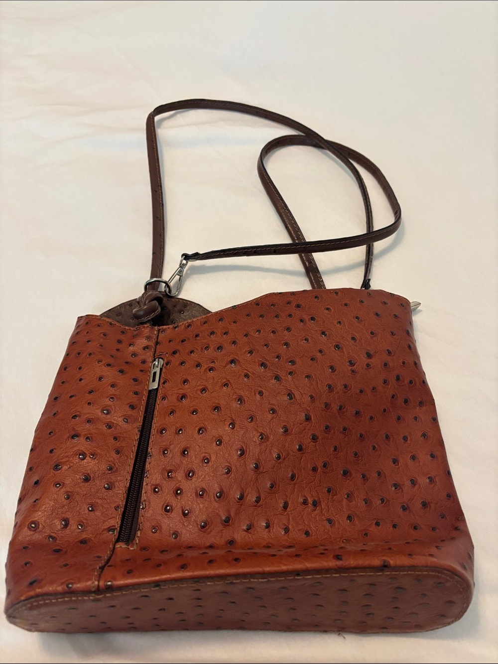 VTG Italian brown Real Genuine Leather shoulder Bag or backpack ostrich print